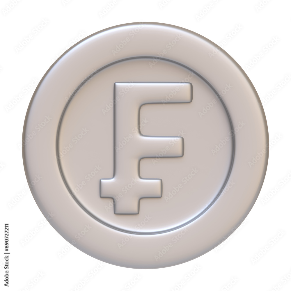 Silver coin with franc isolated on white background. 3D icon, sign and symbol. Cartoon minimal style. Front view. 3D Render Illustration Silver coin with franc isolated on white background. 3D icon, sign and symbol. Cartoon minimal style. Front view. 3D Render Illustration