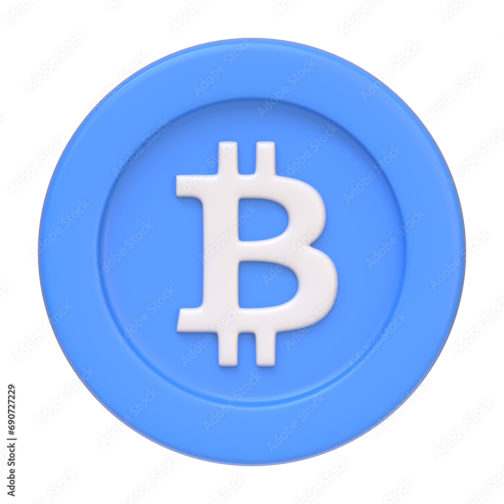 Blue bitcoin token isolated on white background. 3D icon, sign and symbol. Cartoon minimal style. Front view. 3D Render Illustration Blue bitcoin token isolated on white background. 3D icon, sign and symbol. Cartoon minimal style. Front view. 3D Render Illustration