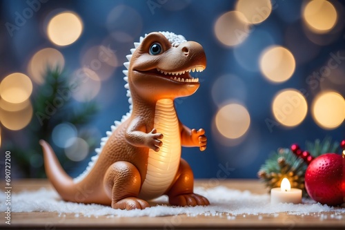 dinosaur toy On Table With Decoration And String Lights  Bokeh And Glittering Effect On Background 