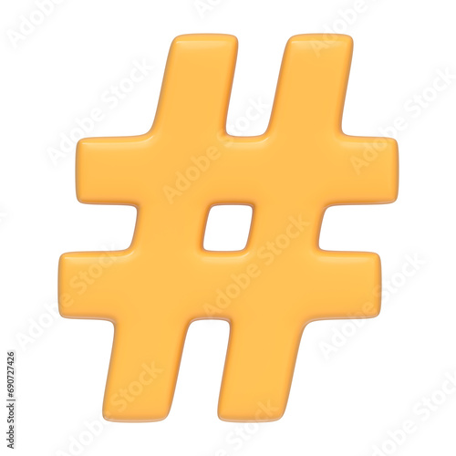 Yellow hashtag symbol isolated on white background. 3D icon, sign and symbol. Cartoon minimal style. Front view. 3D Render Illustration