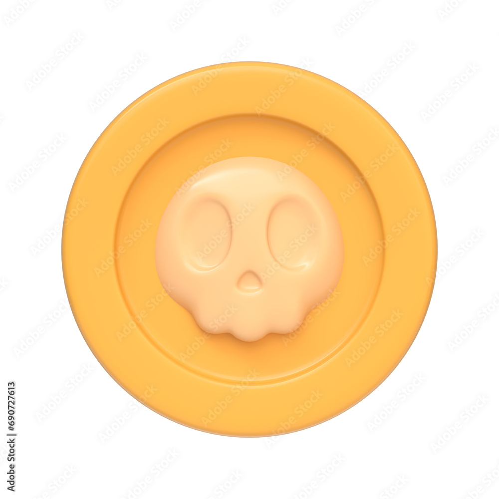 Gold coin with skull isolated on white background. 3D icon, sign and ...