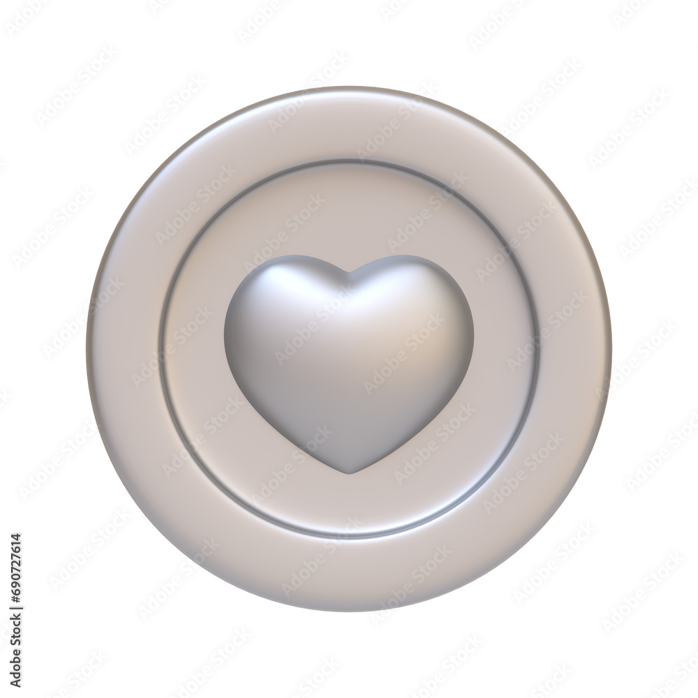 Silver coin with heart isolated on white background. 3D icon, sign and symbol. Cartoon minimal style. Front view. 3D Render Illustration Silver coin with heart isolated on white background. 3D icon, sign and symbol. Cartoon minimal style. Front view. 3D Render Illustration