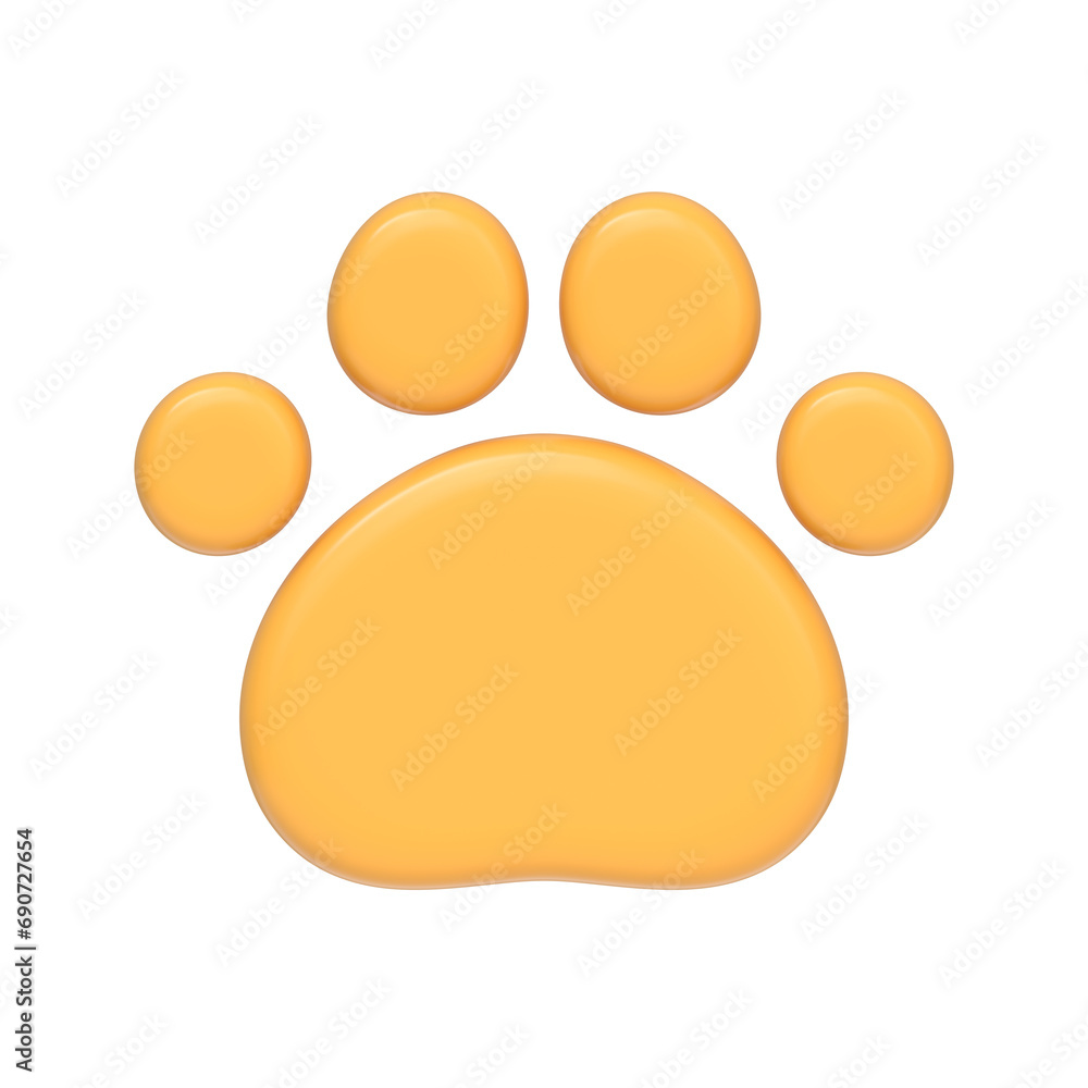 Yellow cat or dog paw icon isolated on white background. 3D icon, sign and symbol. Cartoon minimal style. Front view. 3D Render Illustration Yellow cat or dog paw icon isolated on white background. 3D icon, sign and symbol. Cartoon minimal style. Front view. 3D Render Illustration