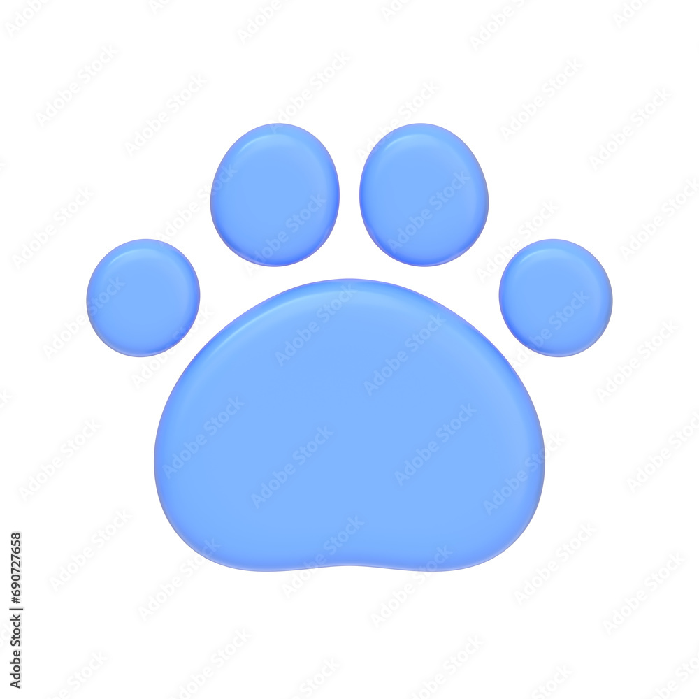 Blue cat or dog paw icon isolated on white background. 3D icon, sign and symbol. Cartoon minimal style. Front view. 3D Render Illustration