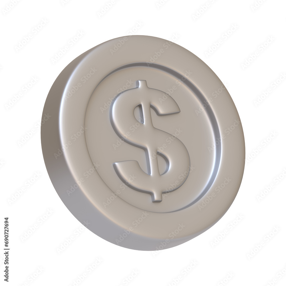 Silver coin with dollar sign isolated on white background. 3D icon, sign and symbol. Cartoon minimal style. 3D Render Illustration Silver coin with dollar sign isolated on white background. 3D icon, sign and symbol. Cartoon minimal style. 3D Render Illustration