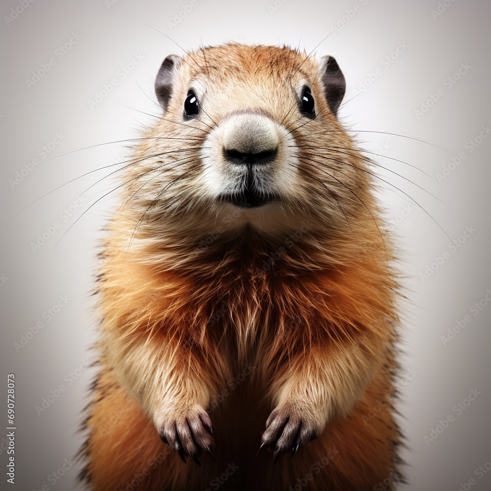Fototapeta premium Groundhog Emerging from a Snow Covered Den. Mr. Groundhog in a Groundhog Day hat