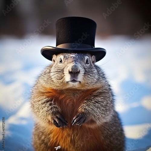 Groundhog Emerging from a Snow Covered Den. Mr. Groundhog in a Groundhog Day hat © Olga