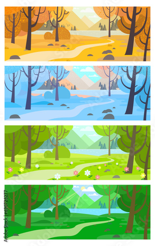 4 seasons: winter, spring, summer, autumn. Vector illustrations of nature, natural landscape, forest, plants, lawn, mountains, trees,  river, fields for background or banner