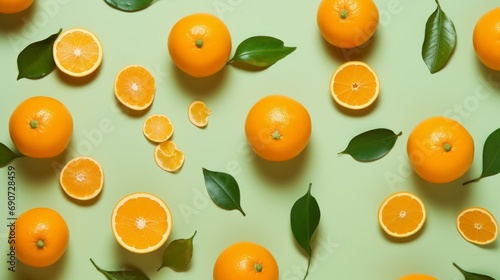 Oranges patterns on green background. Flat minimal fruits pattern