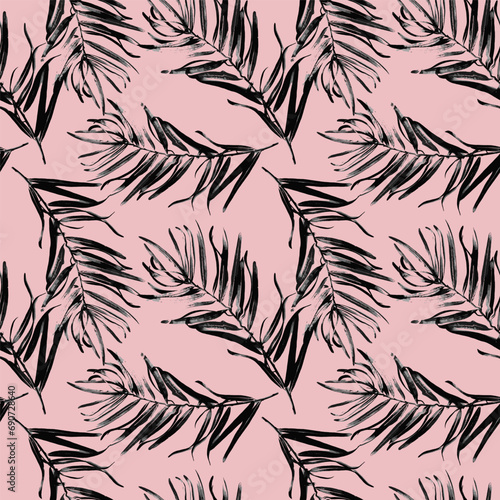 Palm leaves texture seamless pattern for textile  wrap  wallpaper  web banner or wrapping paper and fabric. Vector background black and pastel pink color