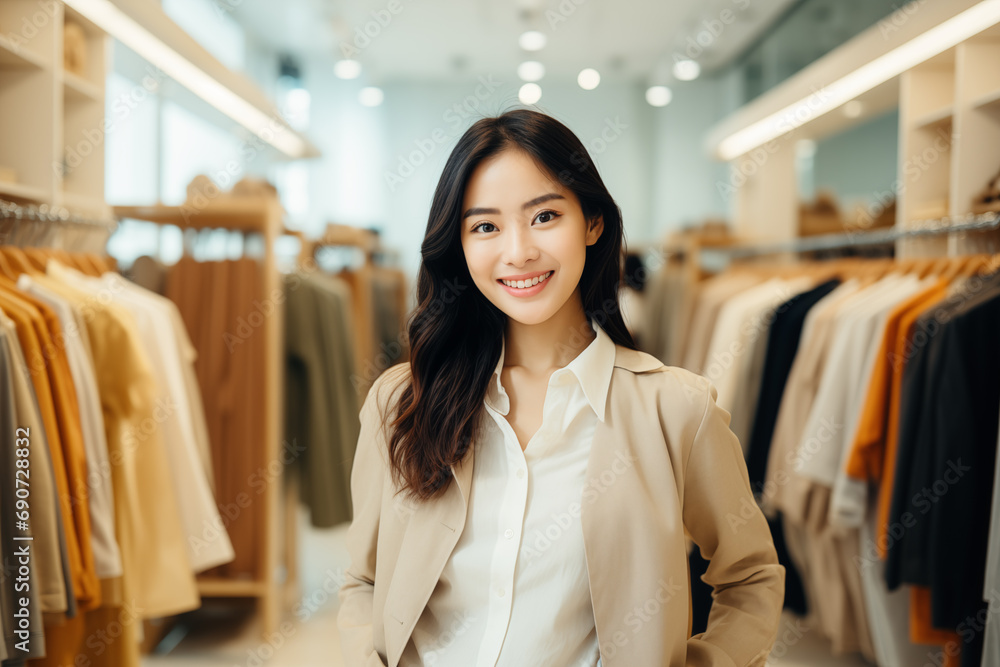 Portrait of smiling young Asian business owner standing on her clothing shop Portrait of smiling young Asian business owner standing on her clothing shop