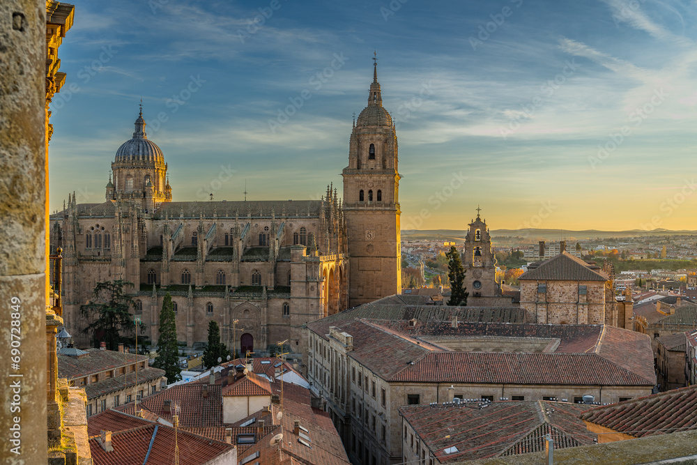 View of the Salamanca cathedral from the Clerecia towers on a beautiful sunset.
