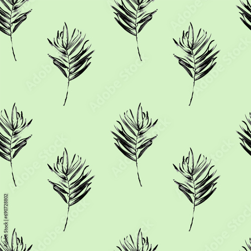 Palm leaves texture seamless pattern for textile, wrap, wallpaper, web banner or wrapping paper and fabric. Vector background black and pastel green color