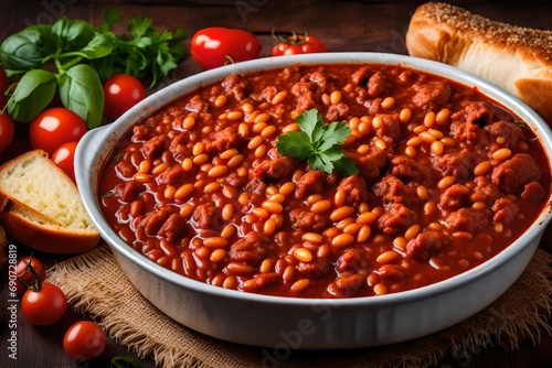 Baked beans with minced sausage and tomato sauce
