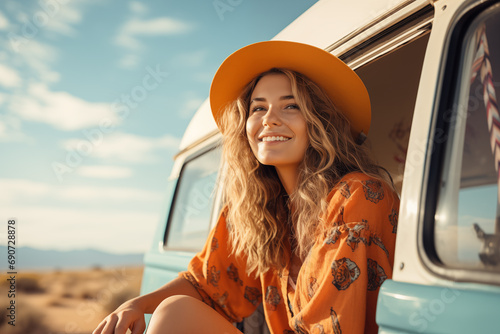 Cheerful young woman sitting and enjoying beautiful view on camper van. Ttravel, holiday concept photo