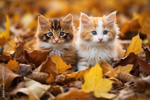 Two cute fluffy pussy cats walk together in a sunny fall garden