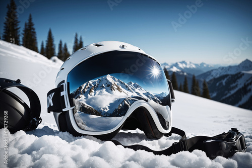 Vorbereitet auf die Piste - Detailaufnahme eines Skihelms und Skibrille im Schnee photo