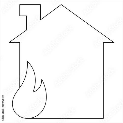 Burning house continuous one line hand drawing fire symbol and safety concept outline vector minimalist