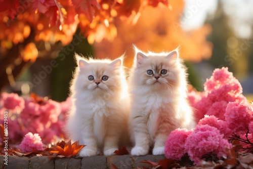 Two cute fluffy pussy cats sit together in a sunny autumn garden
