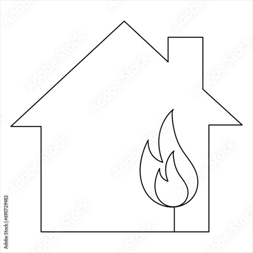 Burning house continuous one line hand drawing fire symbol and safety concept outline vector minimalist