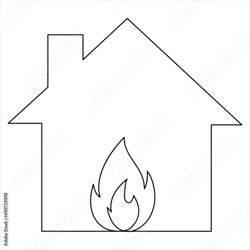 Burning house continuous one line hand drawing fire symbol and safety concept outline vector minimalist