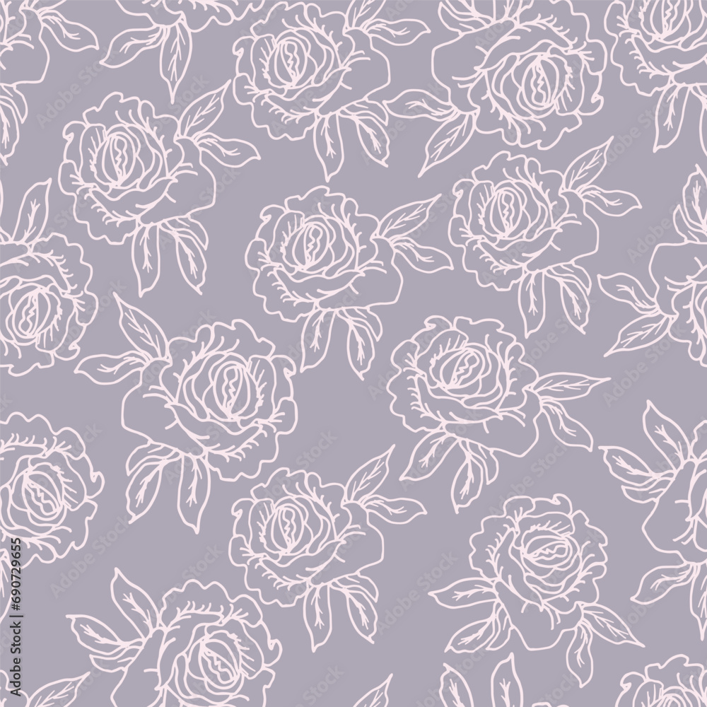 Delicate rose flower, line art hand drawn design for surface design of textile. Roses flower line art background vector. Natural botanical elegant flower with line art hand drawn illustration