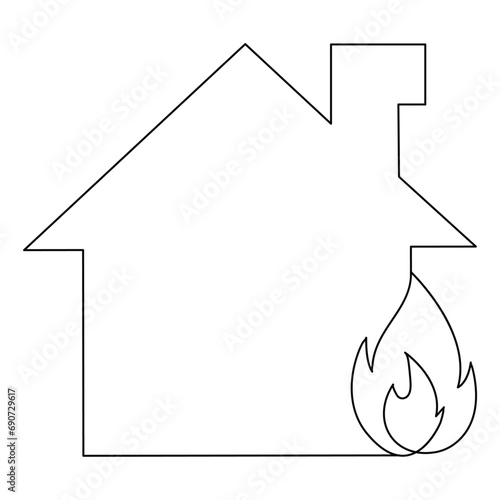 Burning house continuous one line hand drawing fire symbol and safety concept outline vector minimalist