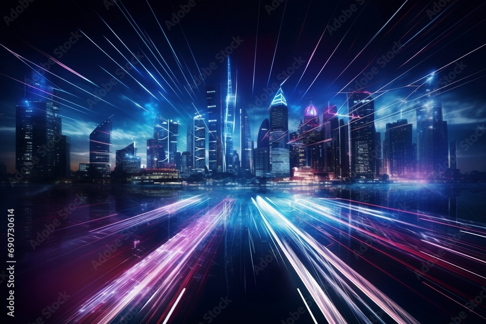 City of Tomorrow: Dynamic Speed Light Trails in a Smart Mega City with Futuristic Neon Background
