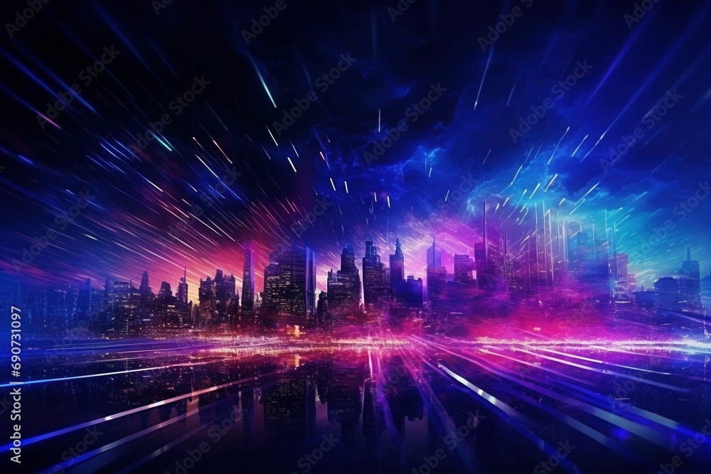 Future Skyline Rush: Light Trails Blaze Paths in a Smart Modern Mega City with Neon Tech Backdrop