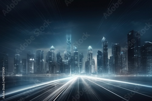 Urban Motion Symphony: Speed Light Trails Racing Through a High-Tech Mega City Landscape © Martin