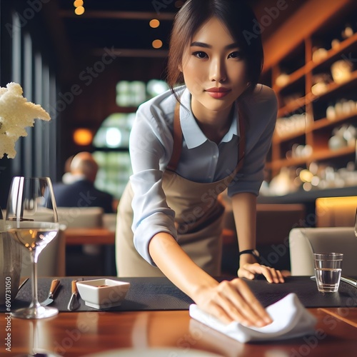 A waitress is using a cleaning cloth