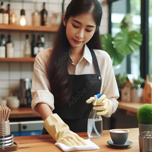 A waitress is using a cleaning cloth