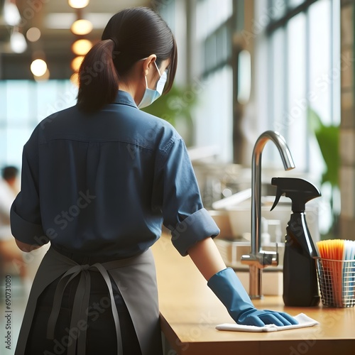 A waitress is using a cleaning cloth
