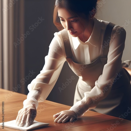 A waitress is using a cleaning cloth
