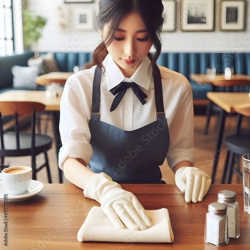 A waitress is using a cleaning cloth