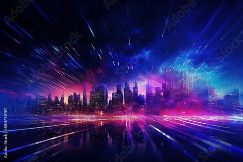 Future Skyline Rush: Light Trails Blaze Paths in a Smart Modern Mega City with Neon Tech Backdrop