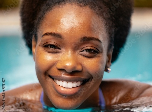 Black woman face closeup portrait, smiling face. Enjoy swimming pool on resort hotel. © D'Arcangelo Stock