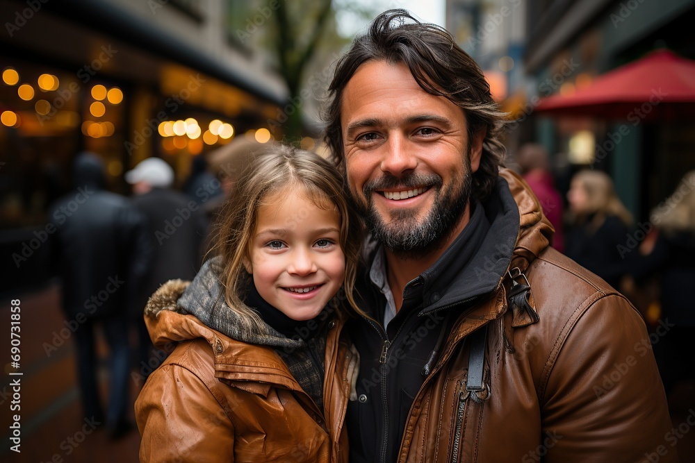 A happy father and daughter smiling together with a vibrant street backdrop