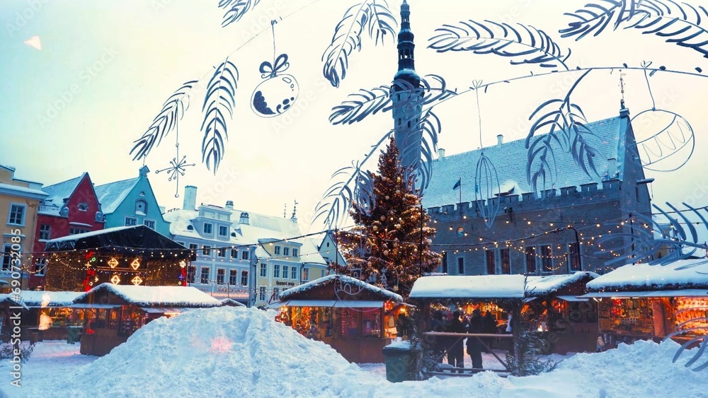 Obraz na płótnie Scenic view of the Christmas Market and Old Town in Tallinn – Estonia.  w salonie