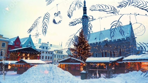 Scenic view of the Christmas Market and Old Town in Tallinn – Estonia.  photo