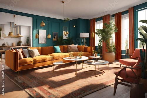   3d render creating a cozy and beautiful living room. design ideas with vintage pop color and mid century modern style for resident s relaxation in sunny light