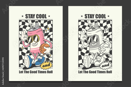 retro 70s posters with a canned drink cartoon character, vector illustration