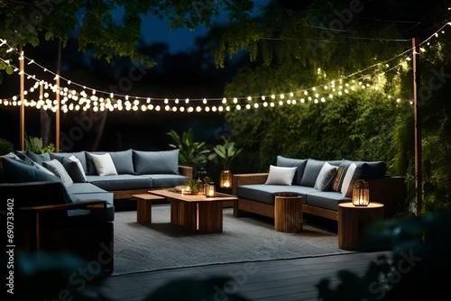 simple patio furniture and string lights surrounded by greenery at night. © Mazhar
