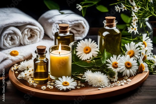 **spa decoration with candle, daisies, white flowers and a bottle with oil, beauty wellness centre. spa product are placed in luxury spa resort room