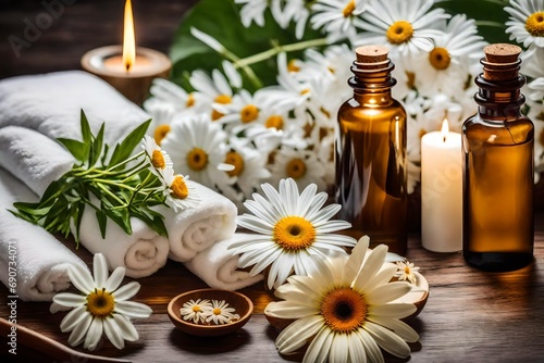   spa decoration with candle  daisies  white flowers and a bottle with  oil  beauty wellness centre. spa product are placed in luxury spa resort room