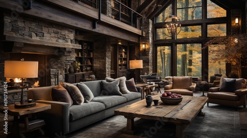 Rustic Cabin with Stone Fireplace - AI Generated © ArquitecAi