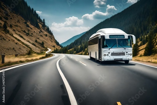 **white travel bus on a beautiful highway. al generated
