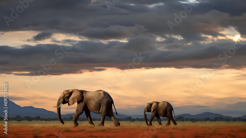herd of elephants on sunset background. Generative AI