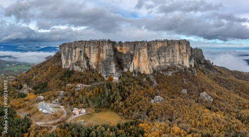 drone view of the Pietra di Bismantova mesa and mountain landscape near Castelnovo 'ne Monti
