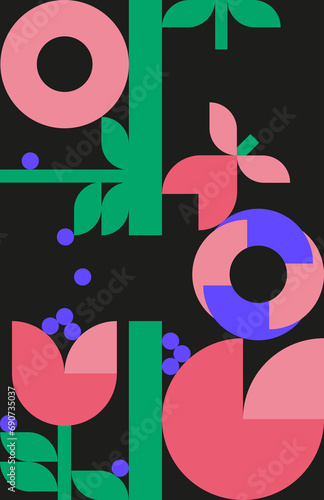 Abstract minimalist Art. geometric shapes and plants. Flowers  leaves. Set of vector paintings. Bauhaus. Backgrounds for poster  banner  print.